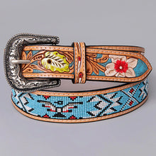 Load image into Gallery viewer, Womens Western Hand Tooled Leather Belt, Rodeo Belt, Embossed Leather Belt, Western Belt, Cowboy Belt, Cowgirl Belt, Beaded Handmade Belt