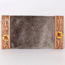 Load image into Gallery viewer, Western Hand Tooled Leather Wallet, Hair On Cowhide Clutch, American Darling Genuine Leather Wallet, Sunflower Leather Wallet