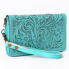 Load image into Gallery viewer, Western Hand Tooled Leather Wallet Purse, Western Buck Stitch Wallet, Leather Wristlet, Genuine Leather Bag, Genuine Cowhide Bag