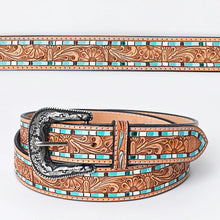 Load image into Gallery viewer, Womens Western Hand Tooled Leather Belt, Rodeo Belt, Embossed Leather Belt, Western Belt, Cowboy Belt, Cowgirl Belt, Beaded Handmade Belt