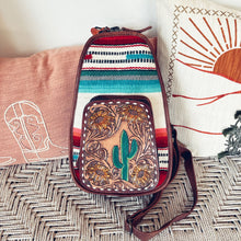 Load image into Gallery viewer, Leather Sling Bag Women, Leather Sling Backpack Purse, Leather Backpack, Western Purse, Serape Saddle Blanket Sling Purse