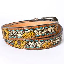 Load image into Gallery viewer, Womens Western Hand Tooled Leather Belt, Rodeo Belt, Embossed Leather Belt, Western Belt, Cowboy Belt, Cowgirl Belt, Handmade Sunflower Belt