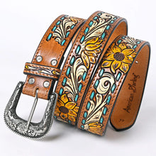Load image into Gallery viewer, Womens Western Hand Tooled Leather Belt, Rodeo Belt, Embossed Leather Belt, Western Belt, Cowboy Belt, Cowgirl Belt, Handmade Sunflower Belt