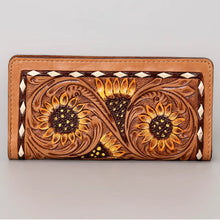 Load image into Gallery viewer, Western Hand Tooled Leather Wallet, Hand Painted Sunflower Leather Wallet, Leather Flower Wallet, Genuine Leather Clutch, Western Purse,