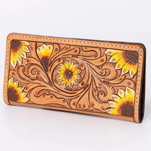 Load image into Gallery viewer, Western Hand Tooled Leather Wallet, Hand Painted Sunflower Leather Wallet, Leather Flower Wallet, Genuine Leather Clutch, Western Purse,