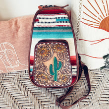 Load image into Gallery viewer, Leather Sling Bag Women, Leather Sling Backpack Purse, Leather Backpack, Western Purse, Serape Saddle Blanket Sling Purse