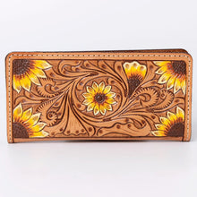 Load image into Gallery viewer, Western Hand Tooled Leather Wallet, Hand Painted Sunflower Leather Wallet, Leather Flower Wallet, Genuine Leather Clutch, Western Purse,