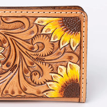 Load image into Gallery viewer, Western Hand Tooled Leather Wallet, Hand Painted Sunflower Leather Wallet, Leather Flower Wallet, Genuine Leather Clutch, Western Purse,
