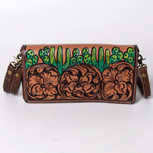 Load image into Gallery viewer, Western Leather Wallet Purse, Hand Tooled Leather Wallet, Crossbody Purse, Womens Leather Wallet, Leather Wristlet, Leather Organizer Wallet