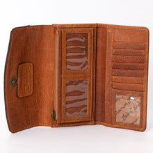 Load image into Gallery viewer, Western Leather Wallet, Hand Tooled Leather Wallet, Hair On Cowhide Wallet, Womens Leather Wallet, Genuine Leather Wallet