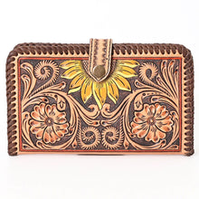 Load image into Gallery viewer, Western Hand Tooled Leather Wallet Purse, Western Buck Stitch Wallet, Leather Clutch, Genuine Leather Sunflower Wallet, Handmade Wallet