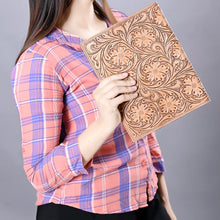 Load image into Gallery viewer, Hand Tooled Leather Day Planner Cover, Leather Planner Cover, Leather Journal Cover, Leather Portfolio, Leather Notebook Cover