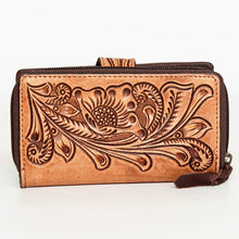 Load image into Gallery viewer, Western Hand Tooled Leather Wallet Purse, Leather Zipper Wallet, Handmade Womens Leather Wallet, Hand Painted Wallet