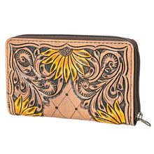 Load image into Gallery viewer, Western Hand Tooled Leather Wallet Purse, Leather Sunflower Wallet, Handmade Womens Leather Wallet, Hand Painted Wallet