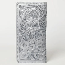 Load image into Gallery viewer, Western Hand Tooled Leather Wallet, Silver Leather Wallet, Genuine Leather Clutch, Western Purse, Luxury Wallet, Hand Painted Leather Wallet
