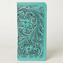 Load image into Gallery viewer, Western Hand Tooled Leather Wallet, Green Leather Wallet, Genuine Leather Clutch, Western Purse, Luxury Wallet, Hand Painted Leather Wallet