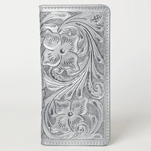 Load image into Gallery viewer, Western Hand Tooled Leather Wallet, Silver Leather Wallet, Genuine Leather Clutch, Western Purse, Luxury Wallet, Hand Painted Leather Wallet