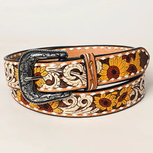 Load image into Gallery viewer, Womens Western Hand Tooled Leather Belt, Leather Sunflower Belt, Rodeo Belt, Embossed Leather Belt, Western Belt, Cowboy Belt, Cowgirl Belt