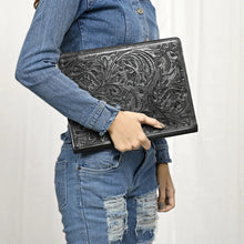Load image into Gallery viewer, Hand Tooled Leather Portfolio, Black Leather Padfolio, Leather Legal Pad Portfolio, Leather Legal Pad Notebook, Tooled Leather Portfolio