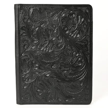Load image into Gallery viewer, Hand Tooled Leather Portfolio, Black Leather Padfolio, Leather Legal Pad Portfolio, Leather Legal Pad Notebook, Tooled Leather Portfolio
