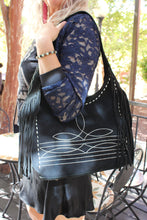 Load image into Gallery viewer, Onyx Boot Stitch Black Suede Fringe Hobo Bag
