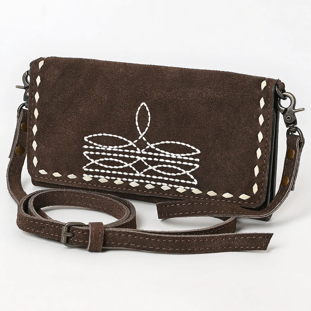 Victoria Suede Leather Boot Stitch Crossbody Wallet
