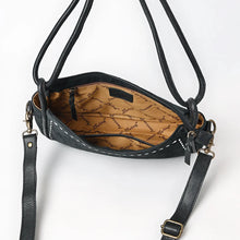 Load image into Gallery viewer, Inside the Emilie black suede purse, open zip top showing the tan lined interior and zip pocket

