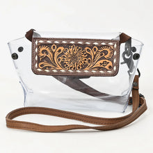 Load image into Gallery viewer, Black-Eyed Susan clear vinyl crossbody purse with hand tooled leather sunflower flap and white buckstitch
