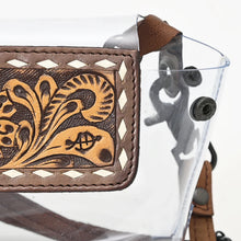 Load image into Gallery viewer, Close-up of hand tooled floral scrollwork and white diamond buckstitch on the Black-Eyed Susan clear purse
