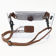 Load image into Gallery viewer, Black-Eyed Susan clear crossbody purse back view with flap snap, swivel clips and adjustable leather strap
