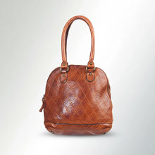 Load image into Gallery viewer, Harley diamond quilted Italian leather dome satchel in cognac, front view with rolled handles on antique brass rings
