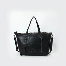 Load image into Gallery viewer, Emmylou studded Italian leather tote in black, front view with two vertical zip pockets, studded topline and leather logo patch
