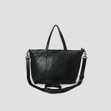 Load image into Gallery viewer, Emmylou studded Italian leather tote in black, back view with studded topline and detachable adjustable crossbody strap
