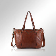 Load image into Gallery viewer, Emmylou studded Italian leather tote in cognac, back view with V-yoke stud pattern and detachable crossbody strap
