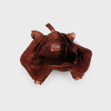 Load image into Gallery viewer, Inside the Sedona leather tote showing zip top, fabric lining, interior zip pocket and key clip
