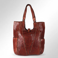 Load image into Gallery viewer, Sedona cognac-red Italian leather slouch tote with star-stamped brass rivets on V-shaped front panels
