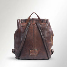 Load image into Gallery viewer, Back view of the Sawyer brown leather backpack with leather backpack straps and top carry handle
