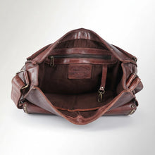 Load image into Gallery viewer, Inside of dark brown leather saddle crossbody with fabric lining, zip pocket, and key clip
