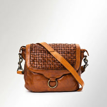 Load image into Gallery viewer, Lucca woven Italian leather messenger crossbody in cognac, front view with basket-woven flap and antique brass O-ring
