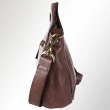 Load image into Gallery viewer, Side view of the Selene brown leather handbag showing the gusset, swivel snap hook, and wide adjustable leather strap
