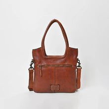 Load image into Gallery viewer, Back of the Sienna cognac leather tote showing the exterior zip pocket, leather patch detail and detachable crossbody strap
