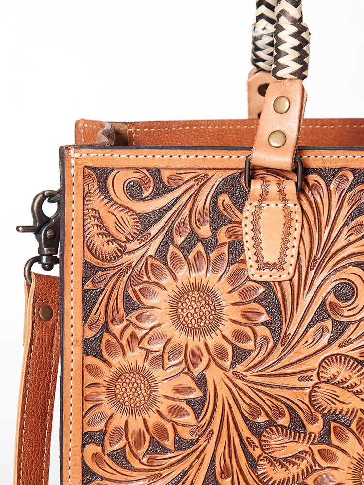 Hand tooled leather 2025 tote