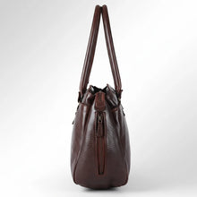 Load image into Gallery viewer, Side of the Marlowe dark brown leather satchel tote showing side zip pocket and rolled handles
