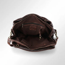Load image into Gallery viewer, Inside the Marlowe dark brown leather satchel showing zip top, fabric lining, zip pocket, slip pockets and key clip
