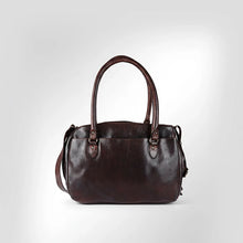 Load image into Gallery viewer, Front of the Marlowe dark brown Italian leather satchel tote with rolled handles and crossbody strap
