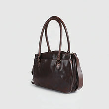 Load image into Gallery viewer, Marlowe dark brown Italian leather structured satchel tote, angled view with crossbody strap
