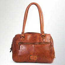 Load image into Gallery viewer, Back of the Marlowe cognac Italian leather satchel tote with zip pocket and embossed brand plate

