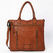 Load image into Gallery viewer, Back of the Vivienne cognac Italian leather tote with three zip pockets and embossed brand plate
