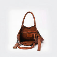 Load image into Gallery viewer, Inside the Vivienne leather tote showing zip top, fabric lining, zip pocket, slip pockets and key clip
