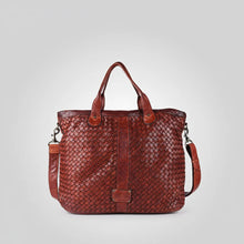 Load image into Gallery viewer, Back of the Penelope oxblood woven Italian leather tote with smooth center stripe and brand plate
